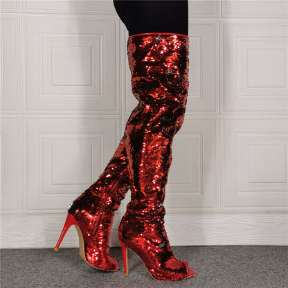 Open-Toed Sequin High Heel Over Knee Boots