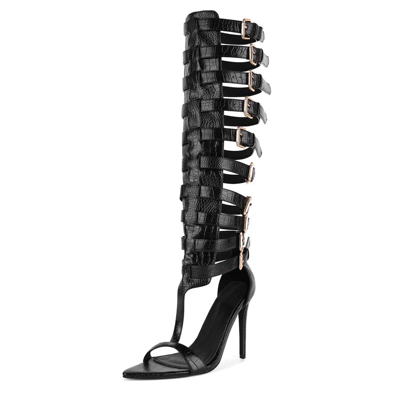 High-gloss Black Patent-look Buckle Stiletto Sandals - Heelure™