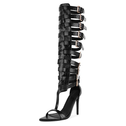 High-gloss Black Patent-look Buckle Stiletto Sandals - Heelure™
