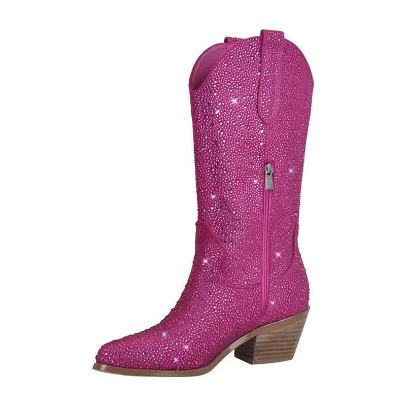 Pink glittery cowboy boot on a white background