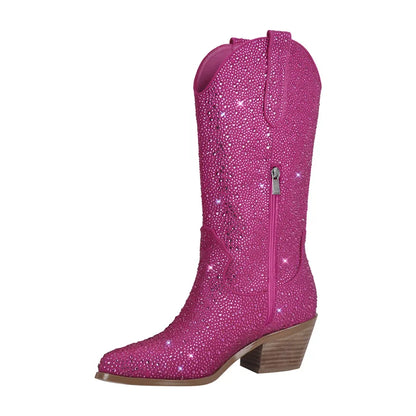 Pink glittery cowboy boot on a white background