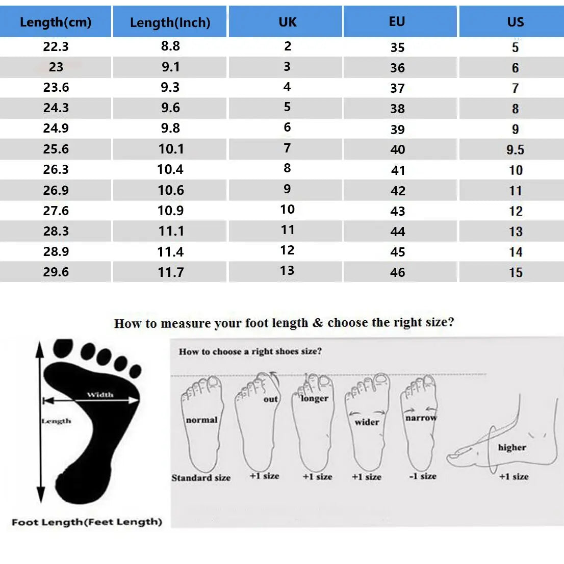 Size chart for shoes with measurements in centimeters, inches, UK, EU, and US sizes.