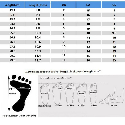 Size chart for shoes with measurements in centimeters, inches, UK, EU, and US sizes.