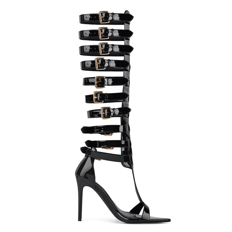High-gloss Black Patent-look Buckle Stiletto Sandals - Heelure™