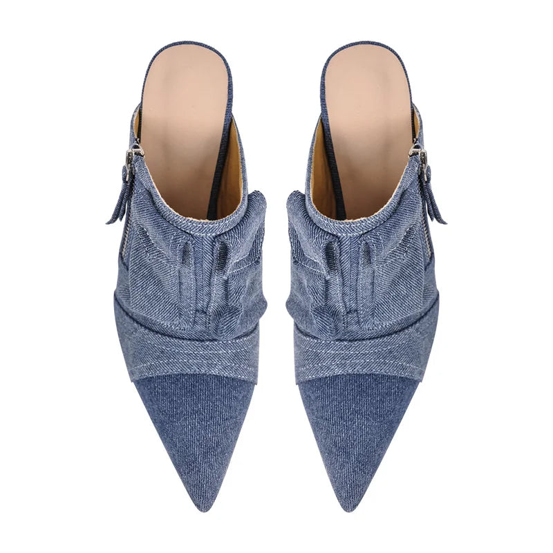 Denim Slip-On Mule Stiletto Sandals High Heels - Heelure™
