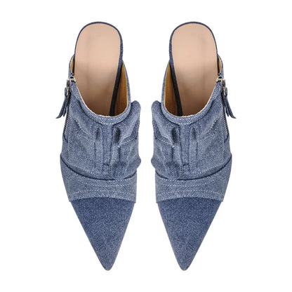 Denim Slip-On Mule Stiletto Sandals High Heels - Heelure™