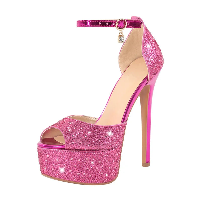 Pink glitter high-heeled shoe on a white background