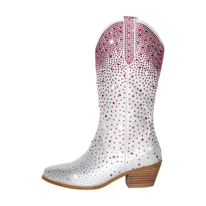 White cowboy boot with pink rhinestone details on a white background