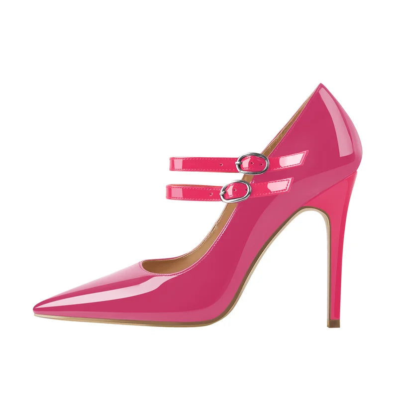 Pink high-heeled shoe with a strap on a white background