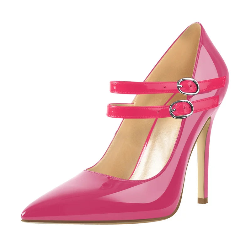Pink high-heeled shoe with a strap on a white background
