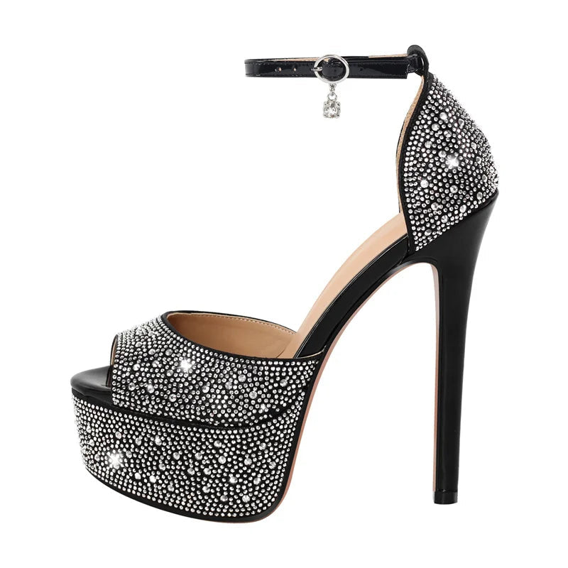 Black high-heeled sandal with crystal embellishments on a white background, featuring the brand 'Only Maker'.