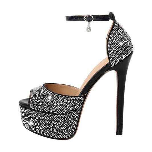 Black high-heeled sandal with crystal embellishments on a white background, featuring the brand 'Only Maker'.