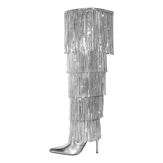 Silver fringe boot on a white background