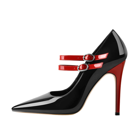 Black high-heeled shoe with red strap on a white background