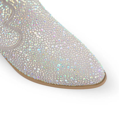 Close-up of a shoe with rhinestone embellishments on a white background