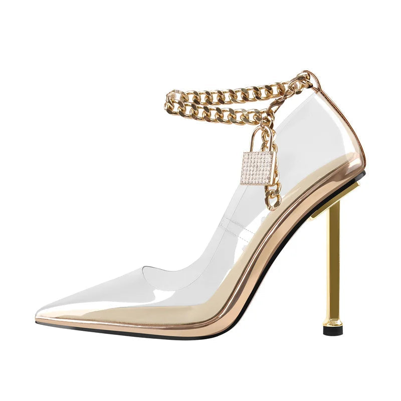Clear high-heeled shoe with gold chain and heel on a white background, featuring 'Only Maker' brand.