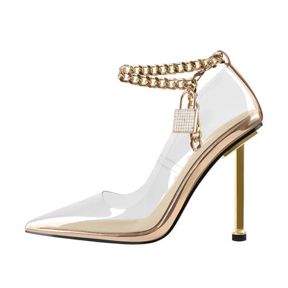 Clear high-heeled shoe with gold chain and heel on a white background, featuring 'Only Maker' brand.