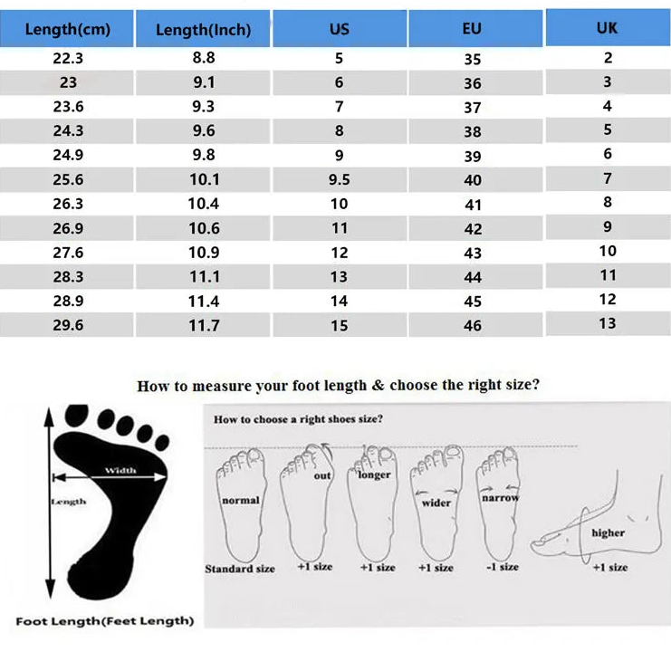 Size chart for shoes with measurements in centimeters, inches, US, EU, and UK sizes.