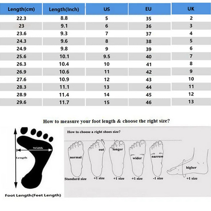 Size chart for shoes with measurements in centimeters, inches, US, EU, and UK sizes.