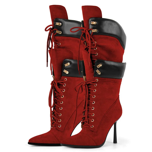 double buckle lace up stiletto booties