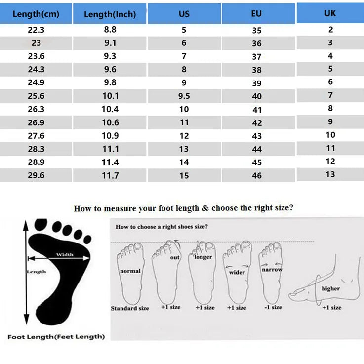 Size chart for shoes with measurements in centimeters, inches, US, EU, and UK sizes.