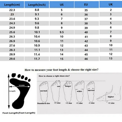Size chart for shoes with measurements in centimeters, inches, US, EU, and UK sizes.