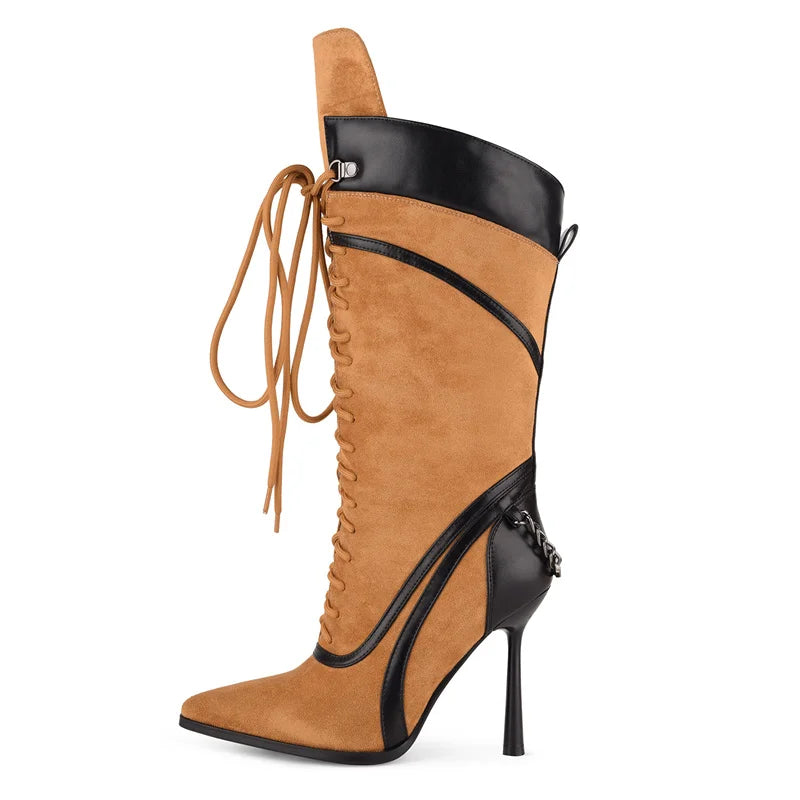 Tan knee-high boot with black accents on a white background