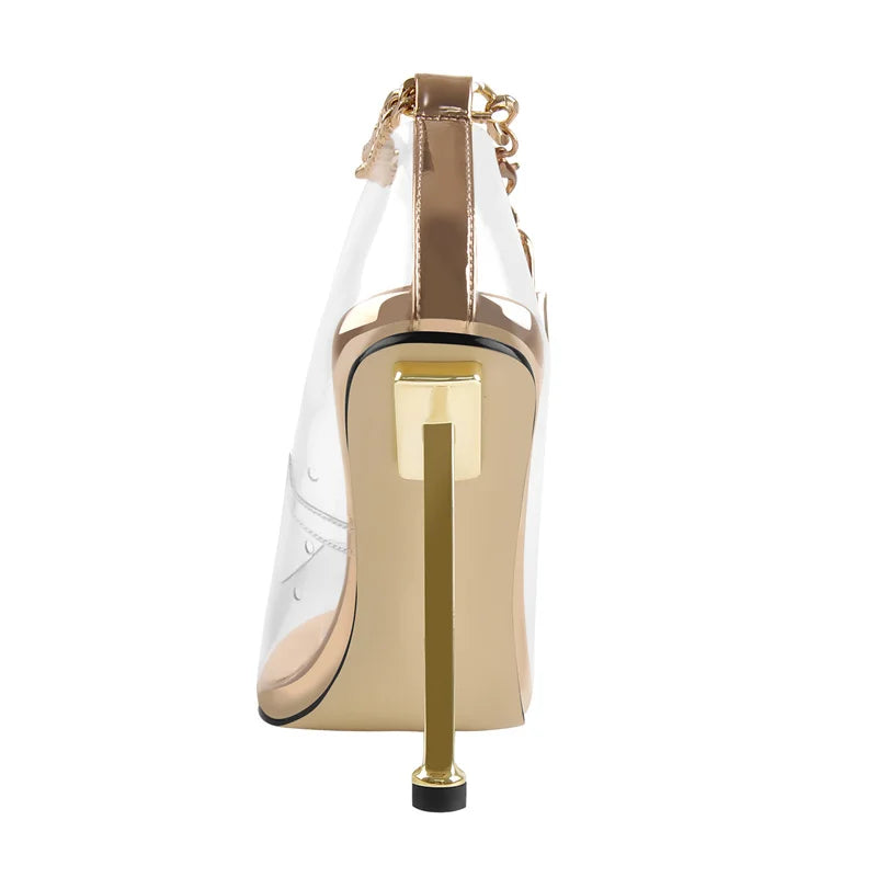 Gold high-heeled shoe with clear heel on a white background
