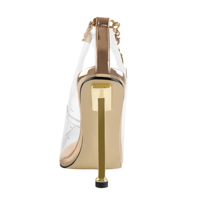 Gold high-heeled shoe with clear heel on a white background