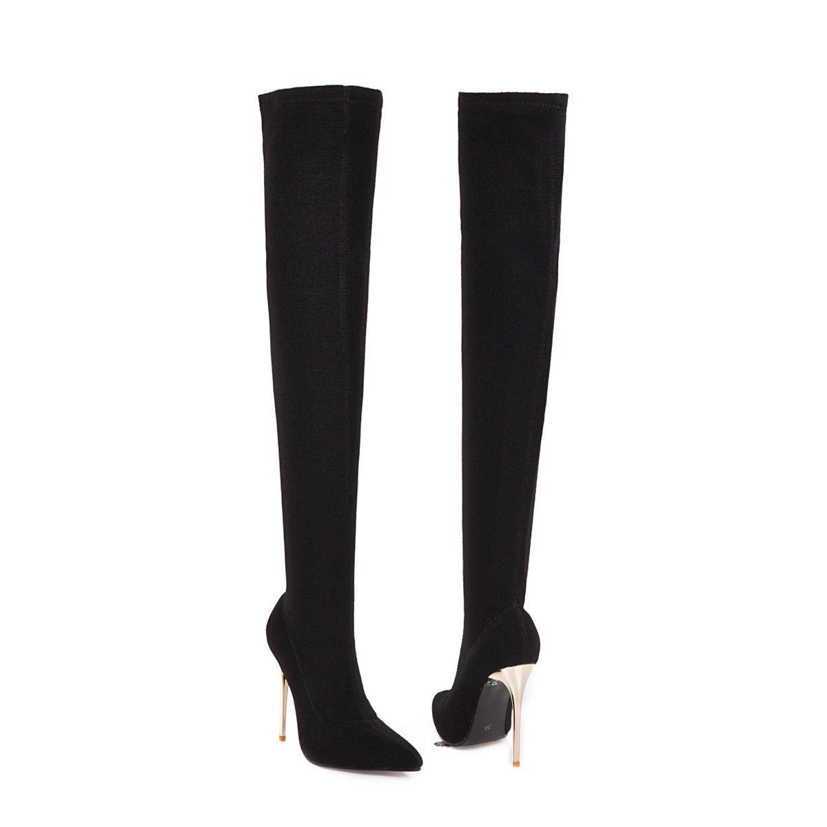 A pair of black knee-high stiletto boot heels for men, featuring a sleek design and a pointed toe.