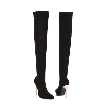 A pair of black knee-high stiletto boot heels for men, featuring a sleek design and a pointed toe.