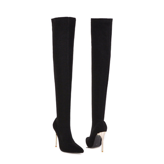 A pair of black knee-high stiletto boot heels for men, featuring a sleek design and a pointed toe.